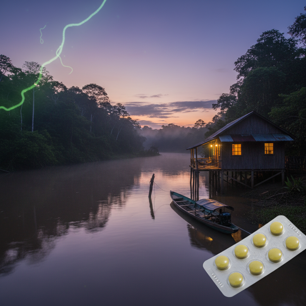 View of an Amazon riverbank lodge at dusk with a visual overlay of malaria parasites and prevention tablets