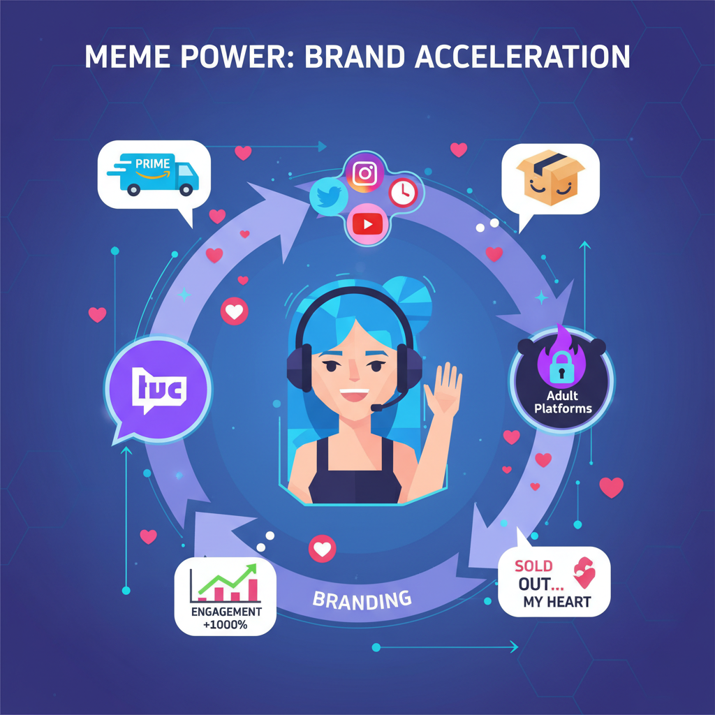 Depiction of the creator economy loop linking Twitch, social media, adult platforms, and Amazon-themed memes