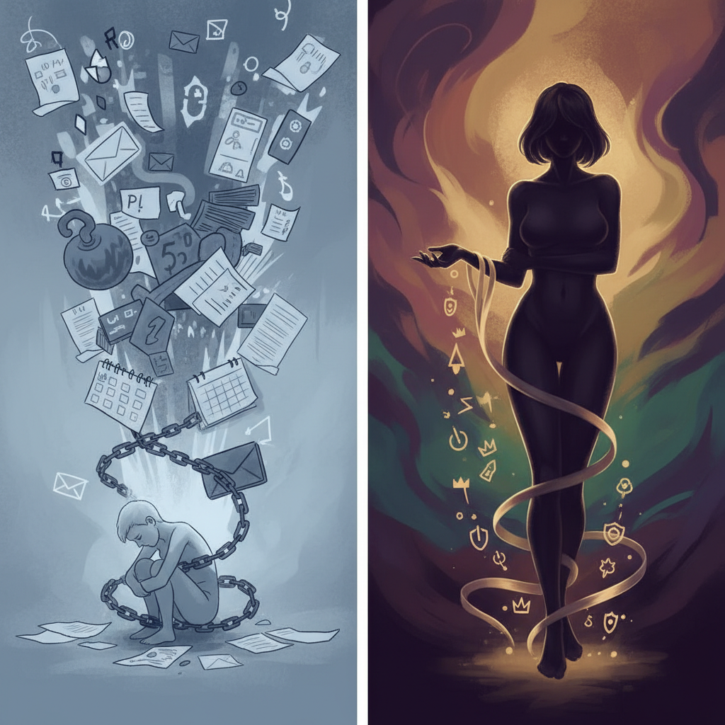 Conceptual split-panel montage showing life stress versus the calm dominant energy of an Amazon figure