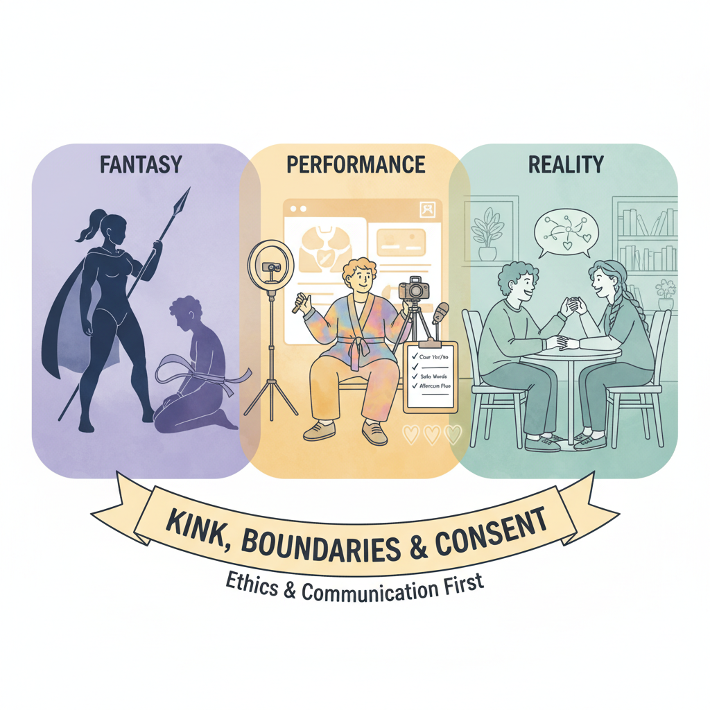 Educational illustration showing panels for fantasy, performance, and reality with emphasis on communication and consent