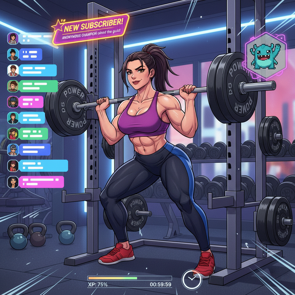 Dynamic illustration of a strong curvy creator in a gym setting surrounded by streaming UI overlays