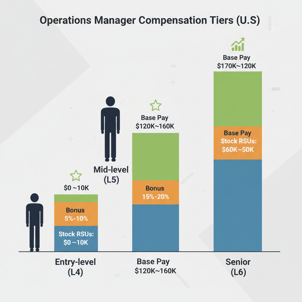 Infographic of entry, mid, and senior Amazon Operations Manager salary levels with base, bonus, and stock