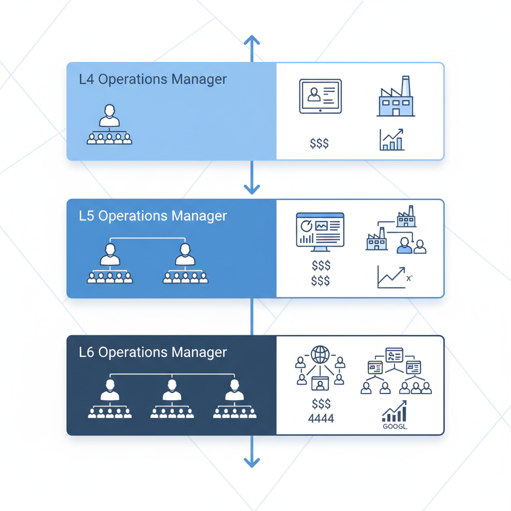 Org chart showing Amazon Operations Manager levels L4, L5, and L6 with team size and pay indicators