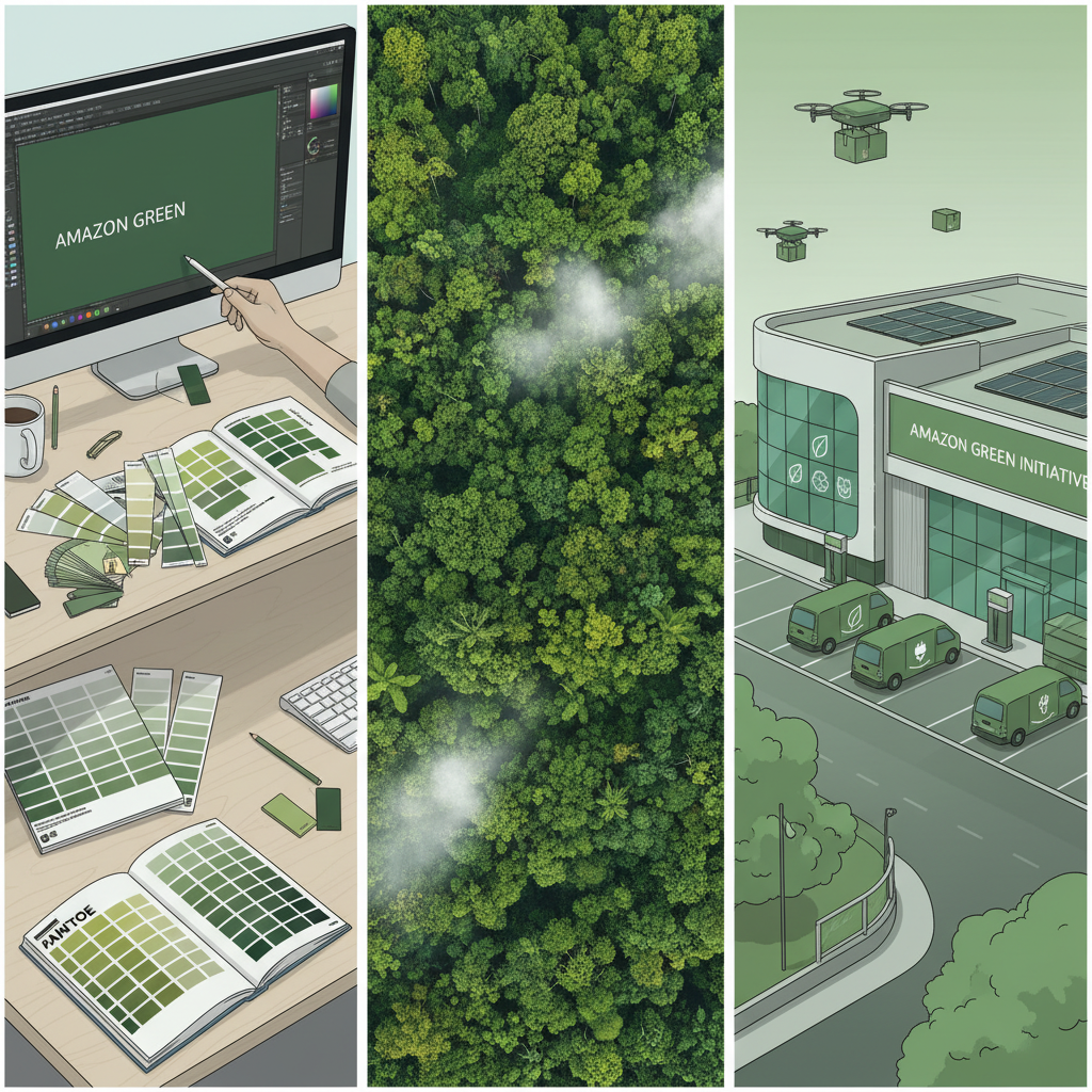 Visual split showing Amazon green as design color, rainforest canopy, and corporate sustainability scene
