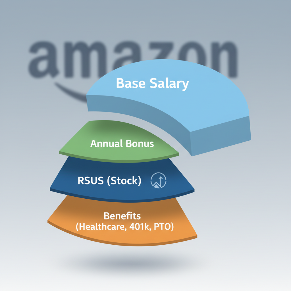 Conceptual breakdown of Amazon Operations Manager pay package as base salary, bonus, RSUs, and benefits