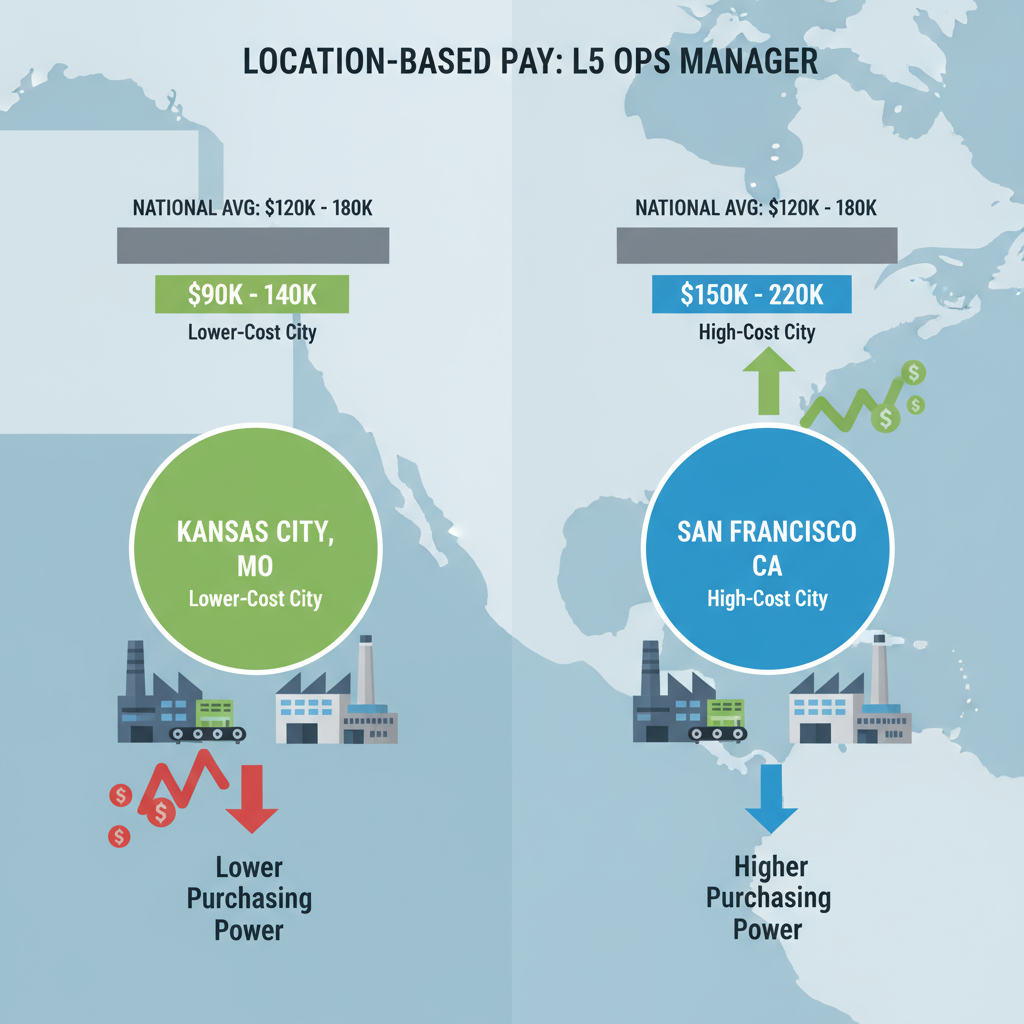 Map of US highlighting pay differences for Amazon Ops Manager in Midwest vs coastal city
