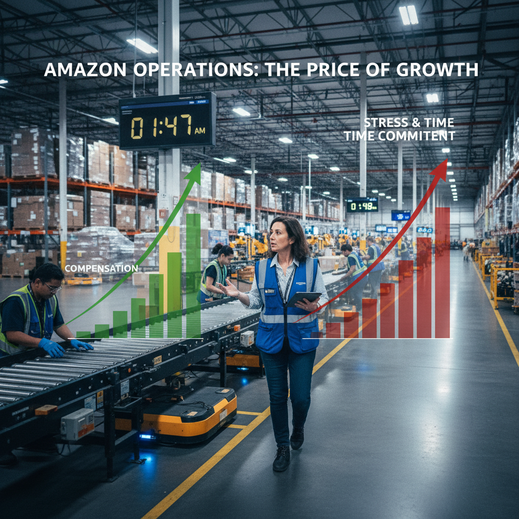 Amazon Operations Manager walking through warehouse at night with graphics of rising pay versus rising stress and hours