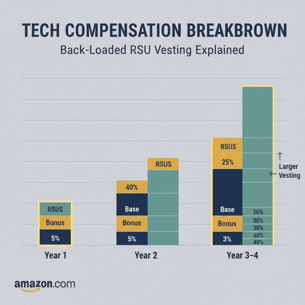 Stacked bar chart visualization of Amazon SDE2 base salary, bonus, and RSUs with year 1 versus year 3 and 4