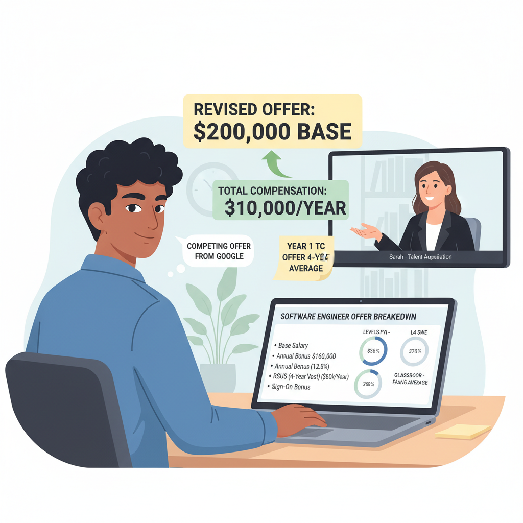 Infographic of Amazon SDE2 salary pillars showing base, bonus, RSUs and location differences