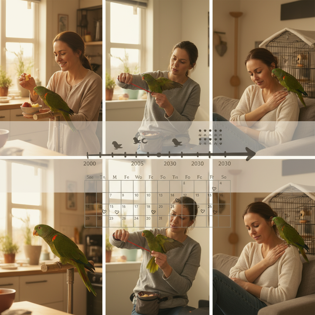 Top-down view of a balanced meal for a Turquoise Fronted Amazon with pellets, vegetables, fruit, nuts and forbidden foods crossed out