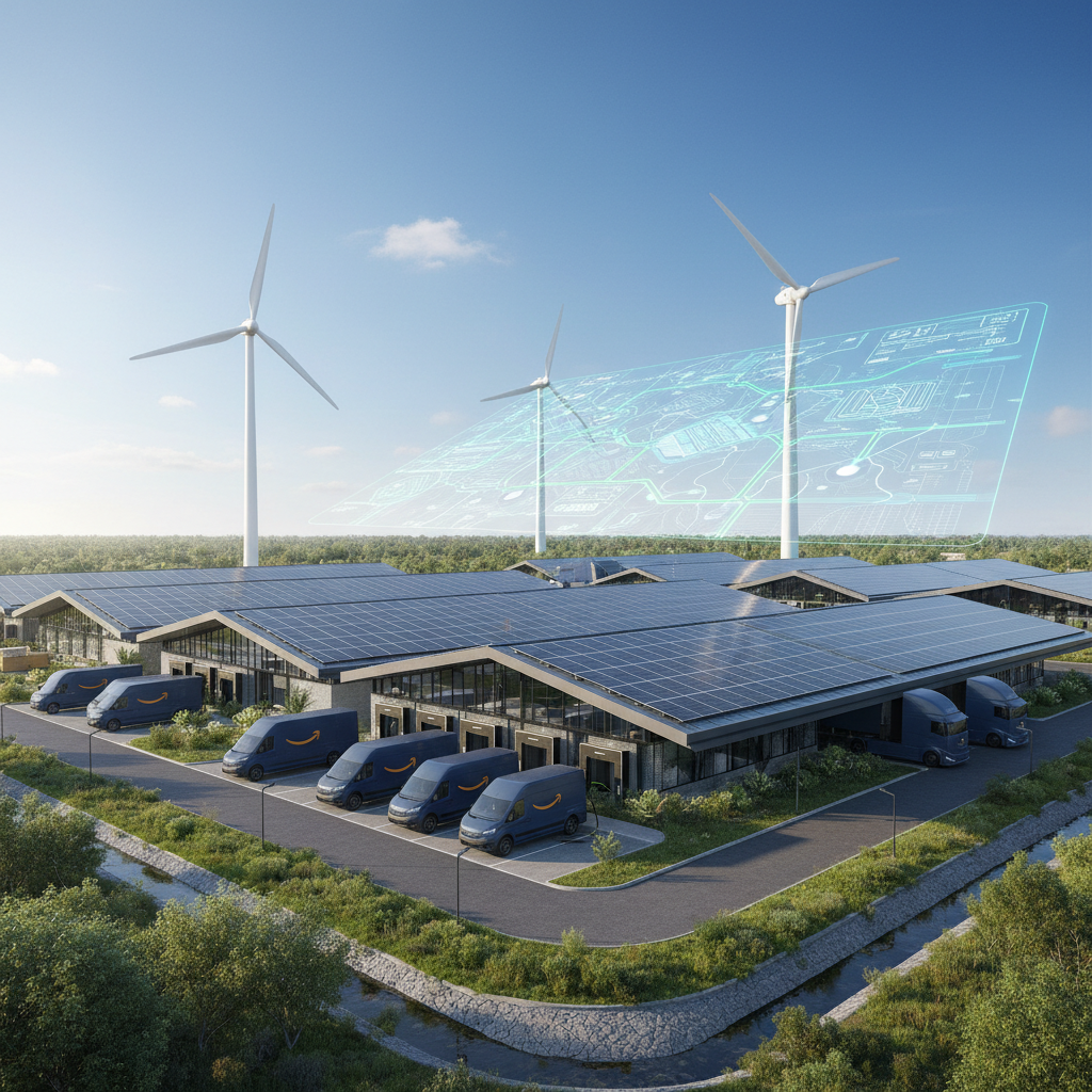 Futuristic logistics hub with solar power, wind turbines, and electric Amazon-style delivery vehicles