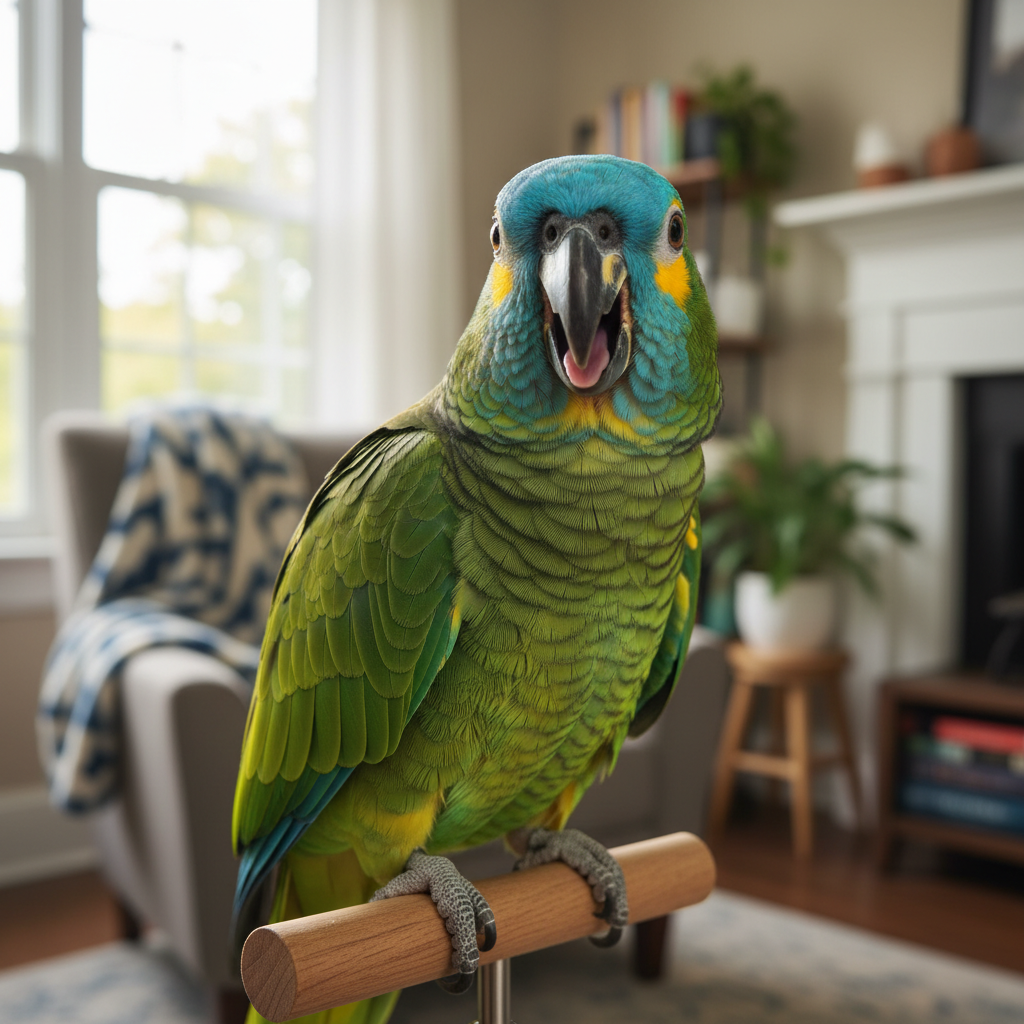 Turquoise Fronted Amazon parrot perched in a cozy living room mid-vocalization