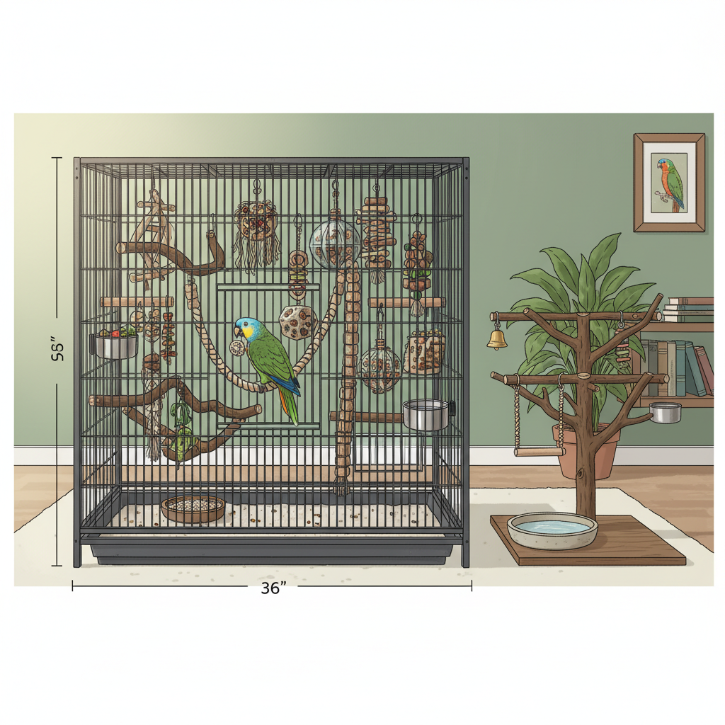 Turquoise Fronted Amazon on a play stand vocalizing with toys scattered around