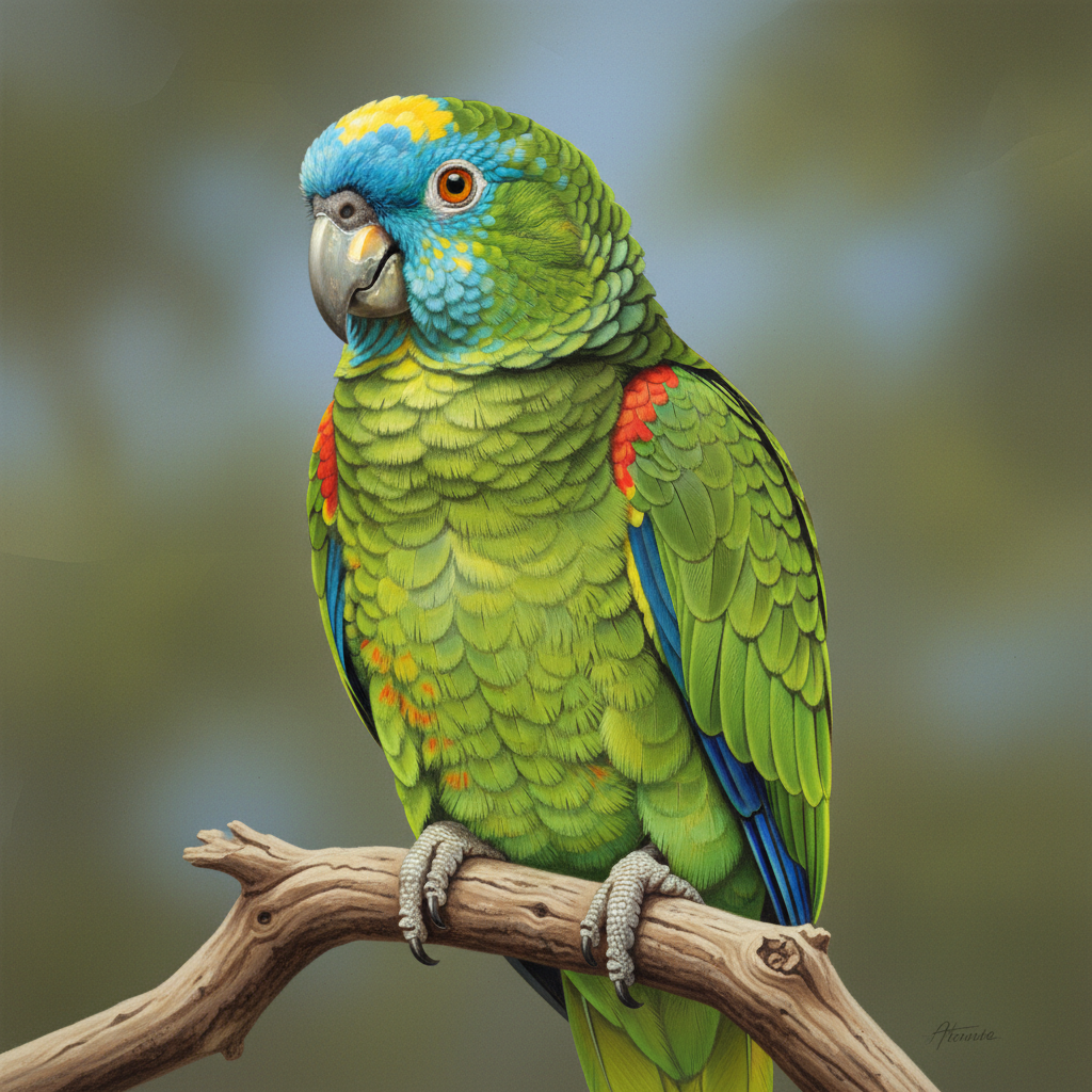 Close-up portrait of a Turquoise Fronted Amazon showing turquoise face and yellow crown