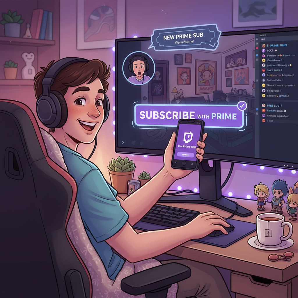Viewer using desktop and mobile to subscribe with Prime to a Twitch streamer