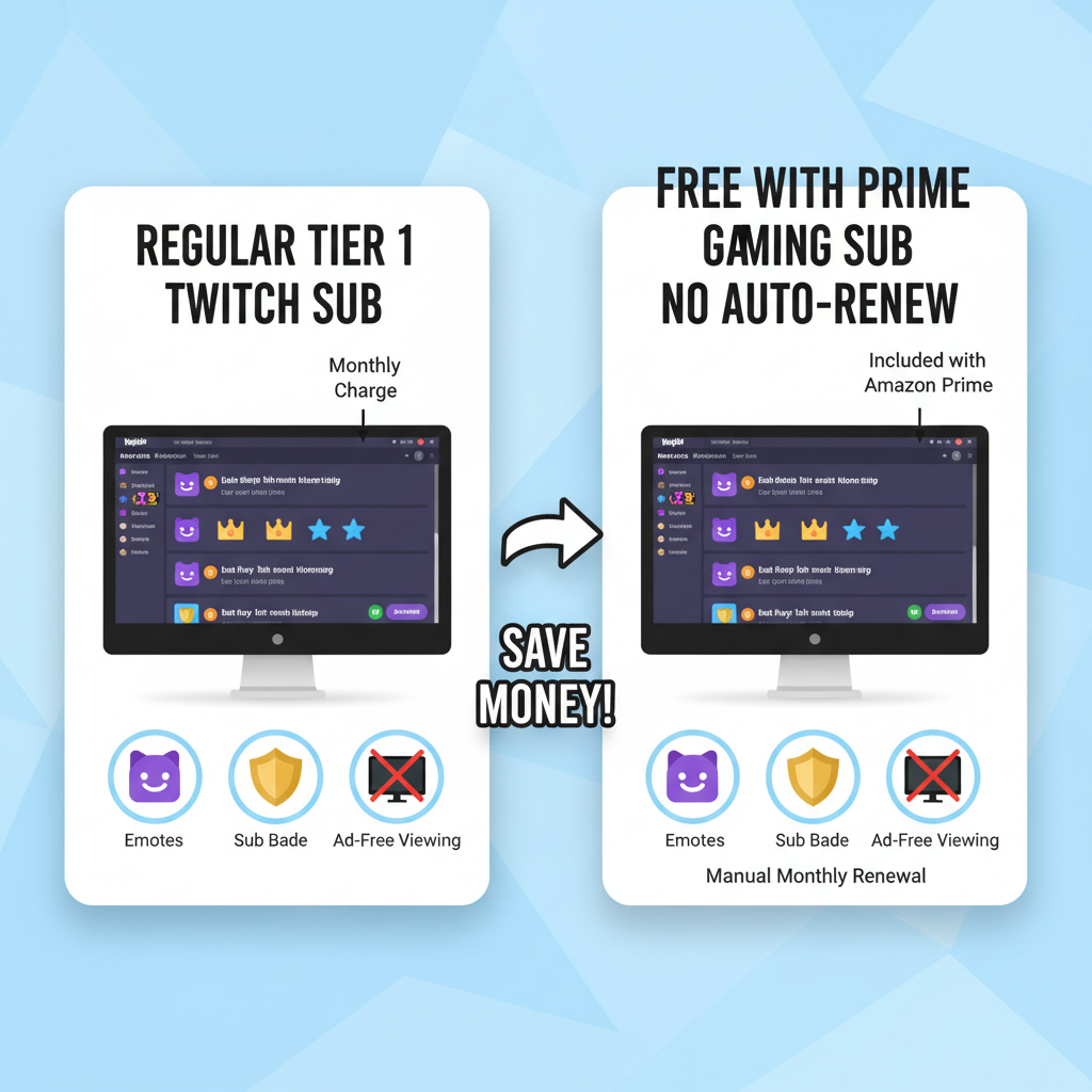 Comparison of regular Tier 1 Twitch sub versus Prime Gaming sub showing shared perks and key differences