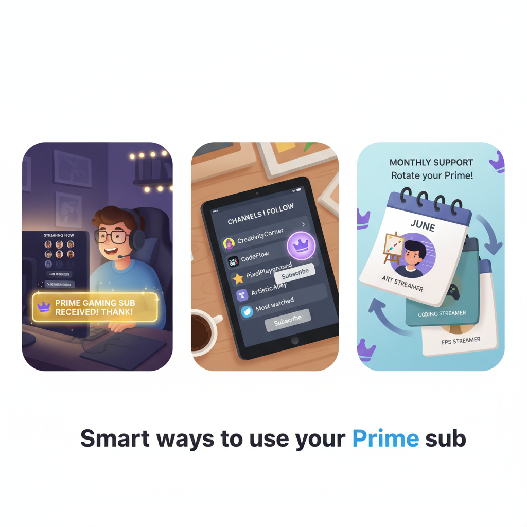 Montage of different ways viewers can strategically use their Prime sub on Twitch