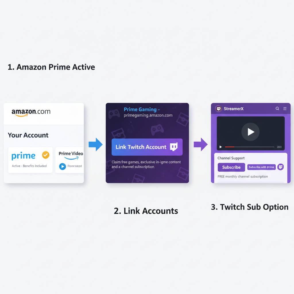 Step-by-step infographic of linking Amazon Prime account to Twitch and enabling Subscribe with Prime