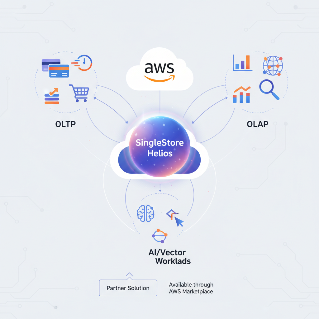 Cloud database ecosystem centered on SingleStore Helios inside an AWS cloud, showing OLTP, OLAP, and AI workloads as a partner solution via AWS Marketplace