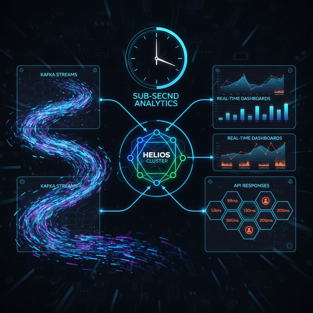 Visualization of real-time data ingestion from streaming sources into a Helios cluster powering dashboards and APIs