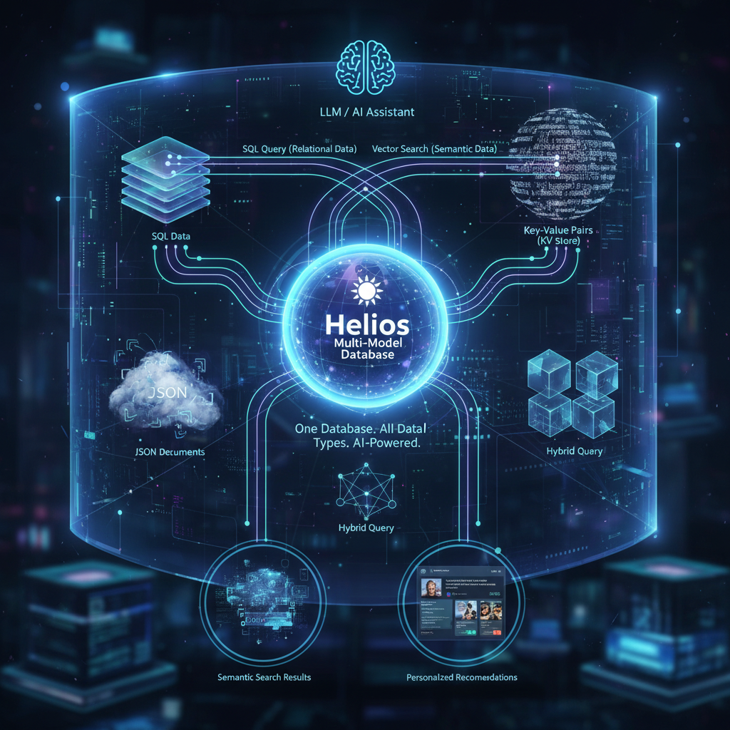 Multi-model, AI-ready data inside a single Helios database including tables, JSON, key-value, full-text, and vectors queried by an AI assistant