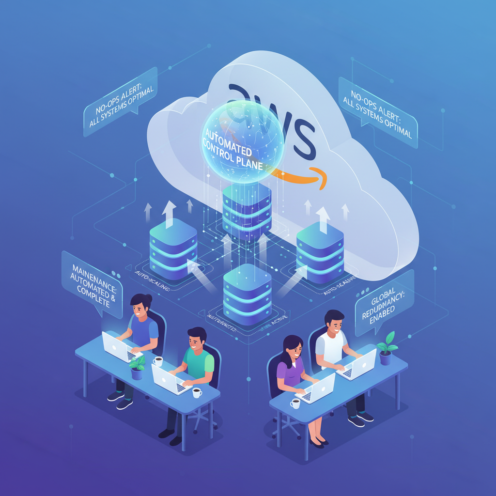 Concept of a fully managed cloud-native DBaaS with developers and an automated control plane in an AWS cloud