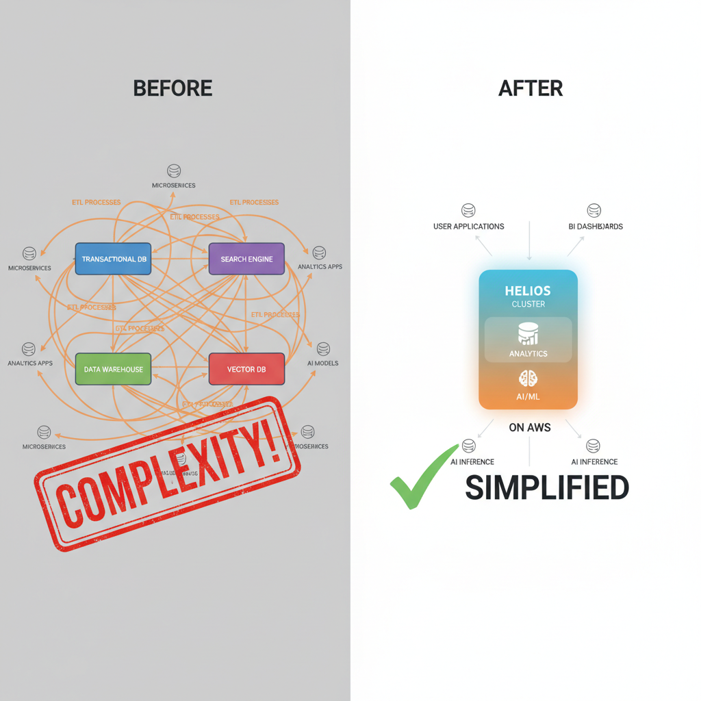 Before-and-after architecture comparing a tangled multi-database stack versus a simplified SingleStore Helios cluster on AWS