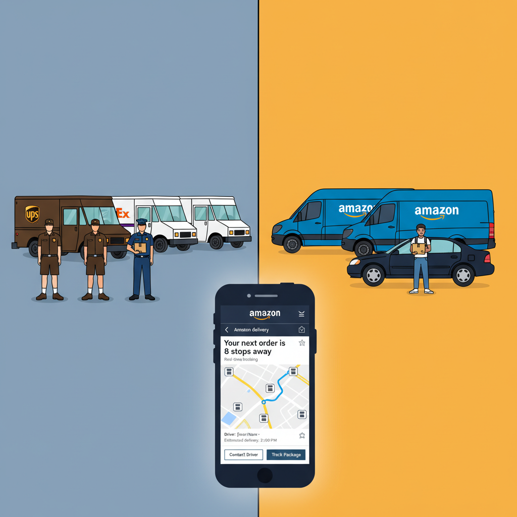 Infographic-style diagram of an Amazon customer ordering, warehouse picking and packing, sort center, delivery station, and a driver delivering at a front door.