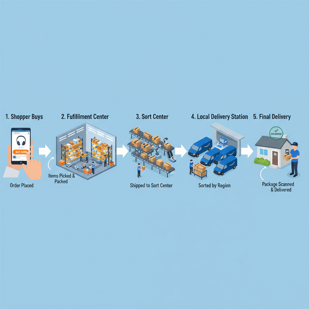 Step-by-step flow of an Amazon order from Buy Now to fulfillment center, sort center, delivery station, and final delivery at a doorstep.