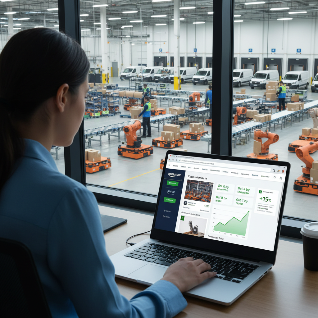 Split scene comparing UPS FedEx USPS trucks and drivers on one side with Amazon vans, Flex drivers, and detailed tracking on a phone on the other side.