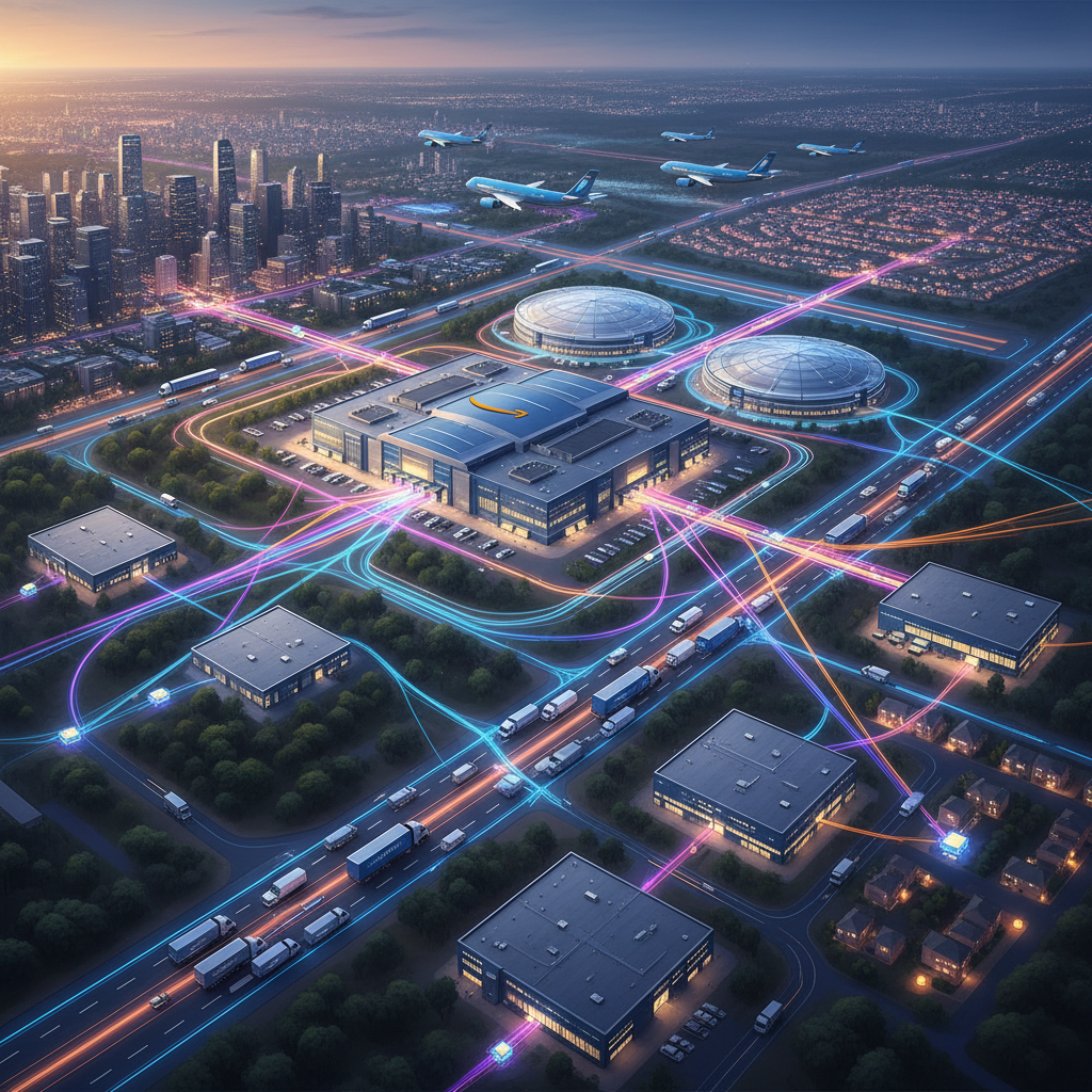 Cinematic bird’s-eye illustration of the Amazon Logistics ecosystem with facilities, planes, trucks, vans, and cars moving packages toward homes at dusk.
