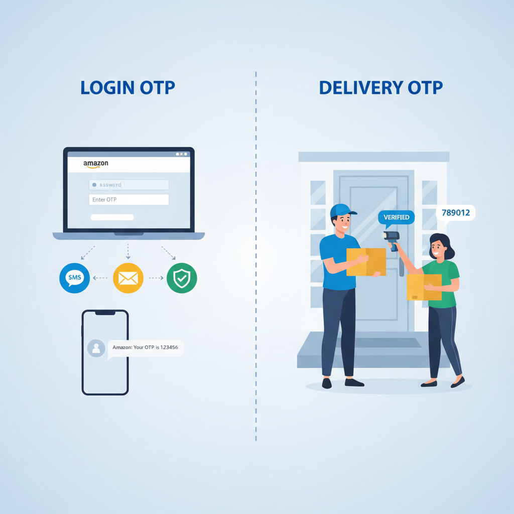 Side-by-side graphic showing a login OTP flow and a delivery OTP being read to a courier