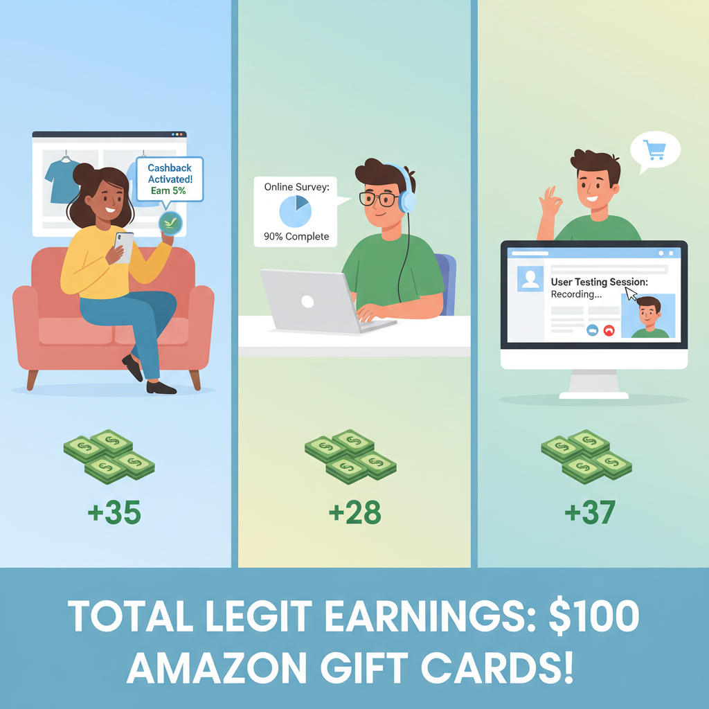 People using cashback, surveys, and user testing to earn Amazon gift cards over time