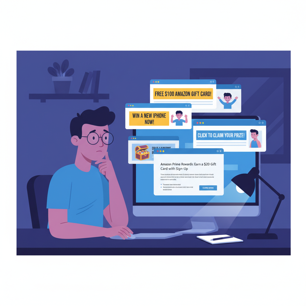 Cautious internet user comparing legit and scam Amazon gift card offers on a computer at night