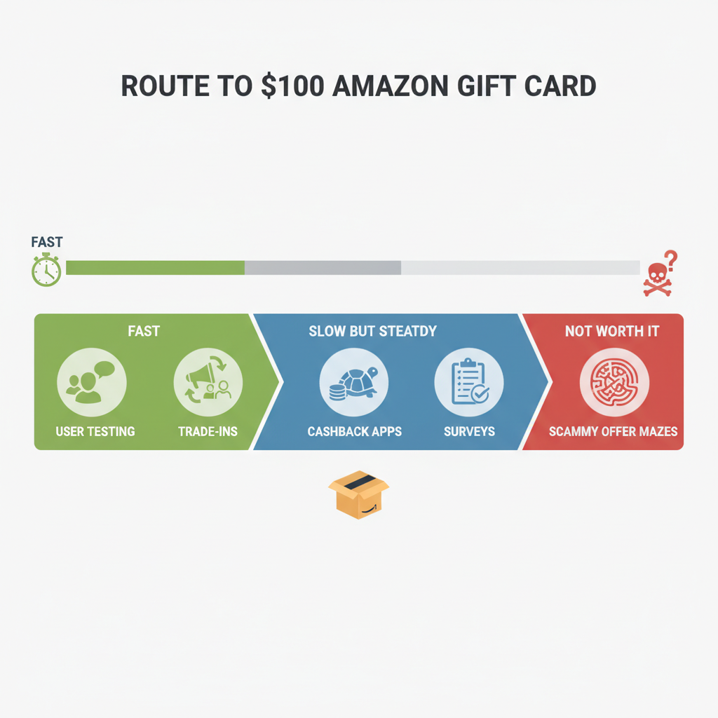 Dashboard style infographic ranking the fastest and slowest ways to reach a $100 Amazon gift card