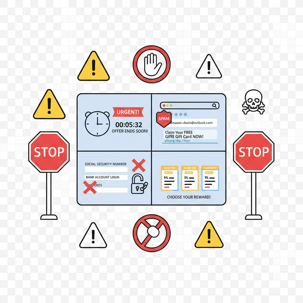 Infographic of common Amazon gift card scam red flags like fake urgency and requests for sensitive data