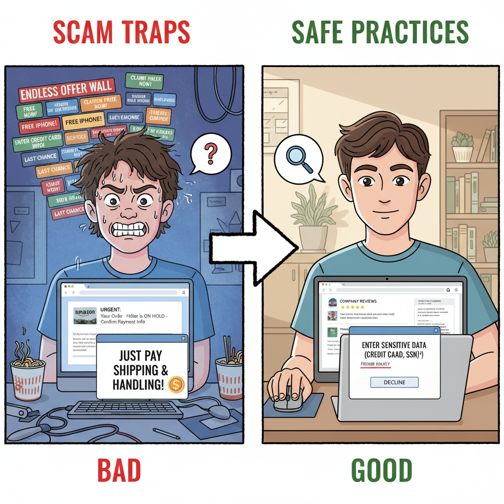 Split illustration comparing scammy Amazon gift card traps with safe, careful online practices