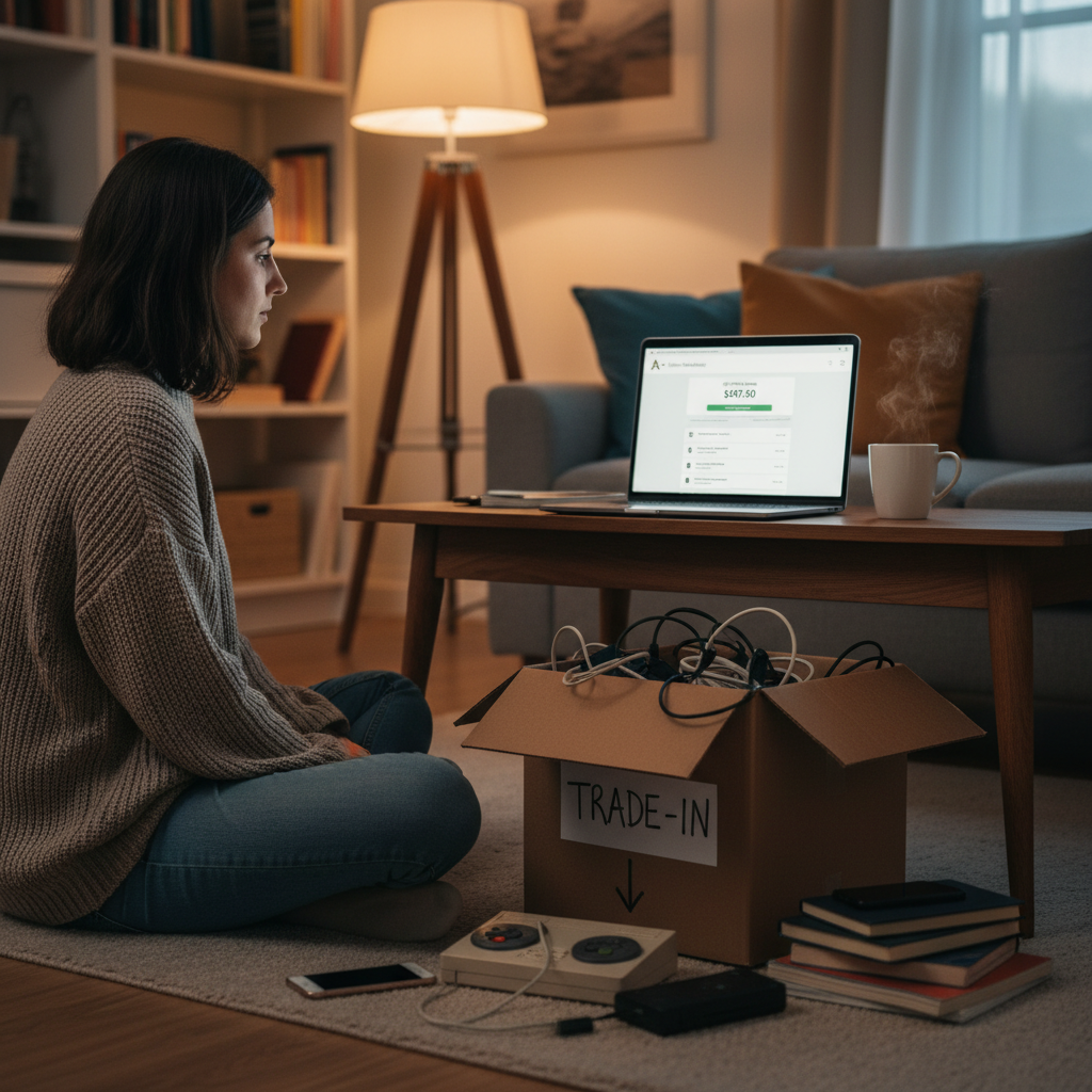 Person decluttering old electronics and books into a trade-in box to convert into Amazon gift card balance