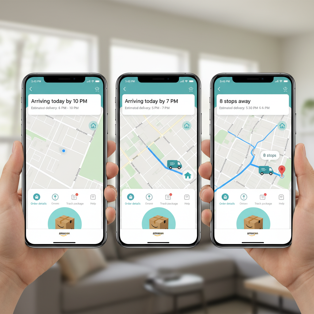 Split illustration comparing weekday and weekend Amazon delivery times with vans and postal trucks on residential streets