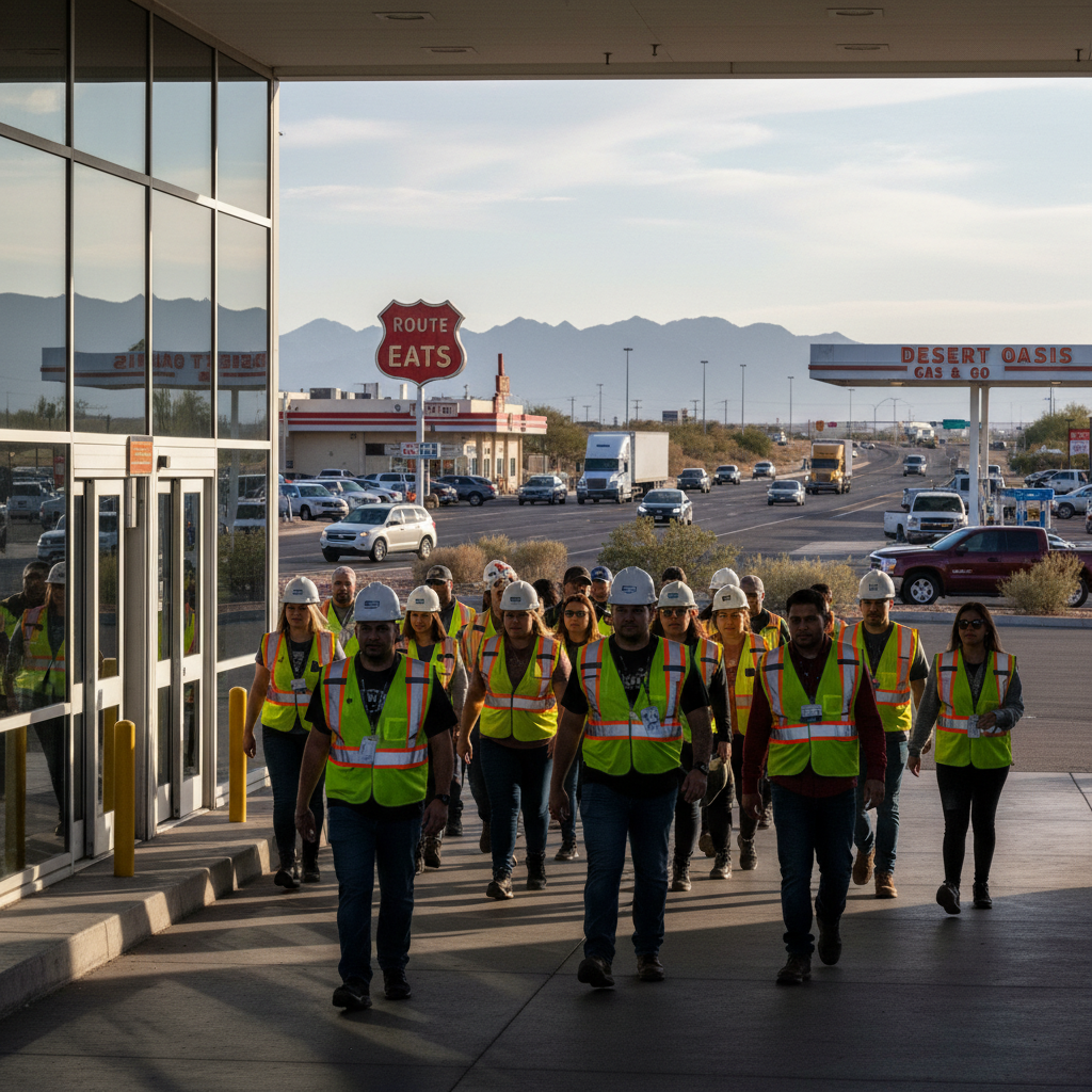Workers arriving at Amazon ABQ1 with nearby local businesses, showing jobs and economic impact