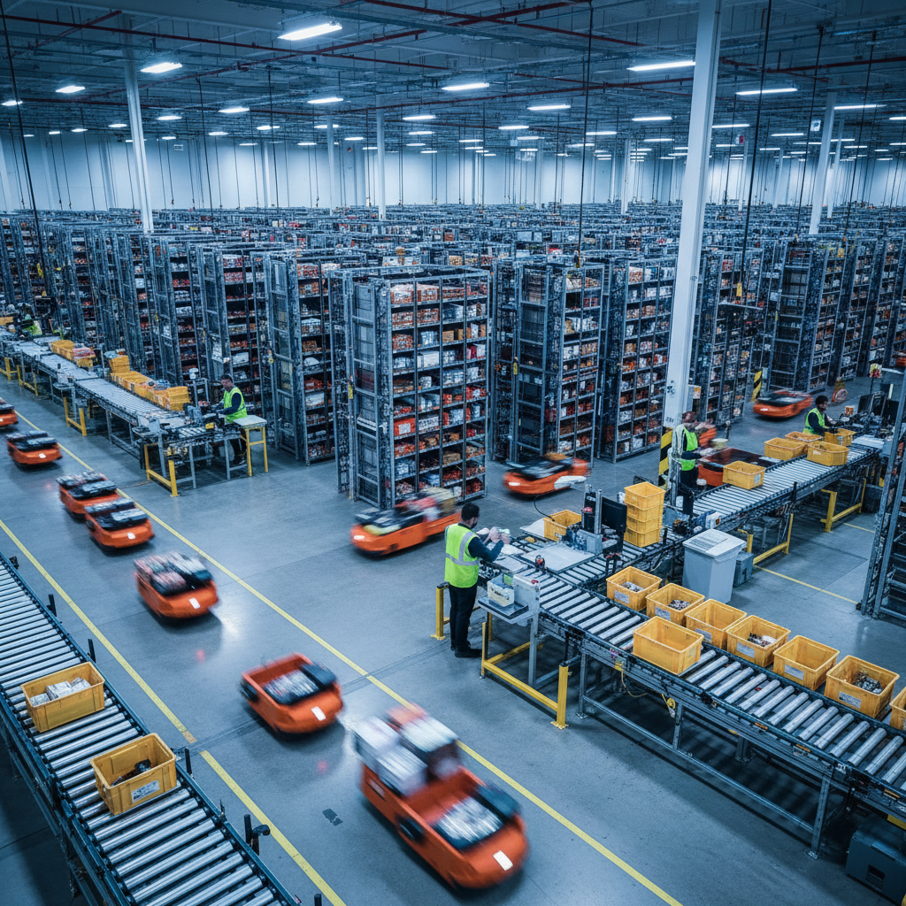 Interior of Amazon ABQ1 with robots, storage pods, and workers on the floor