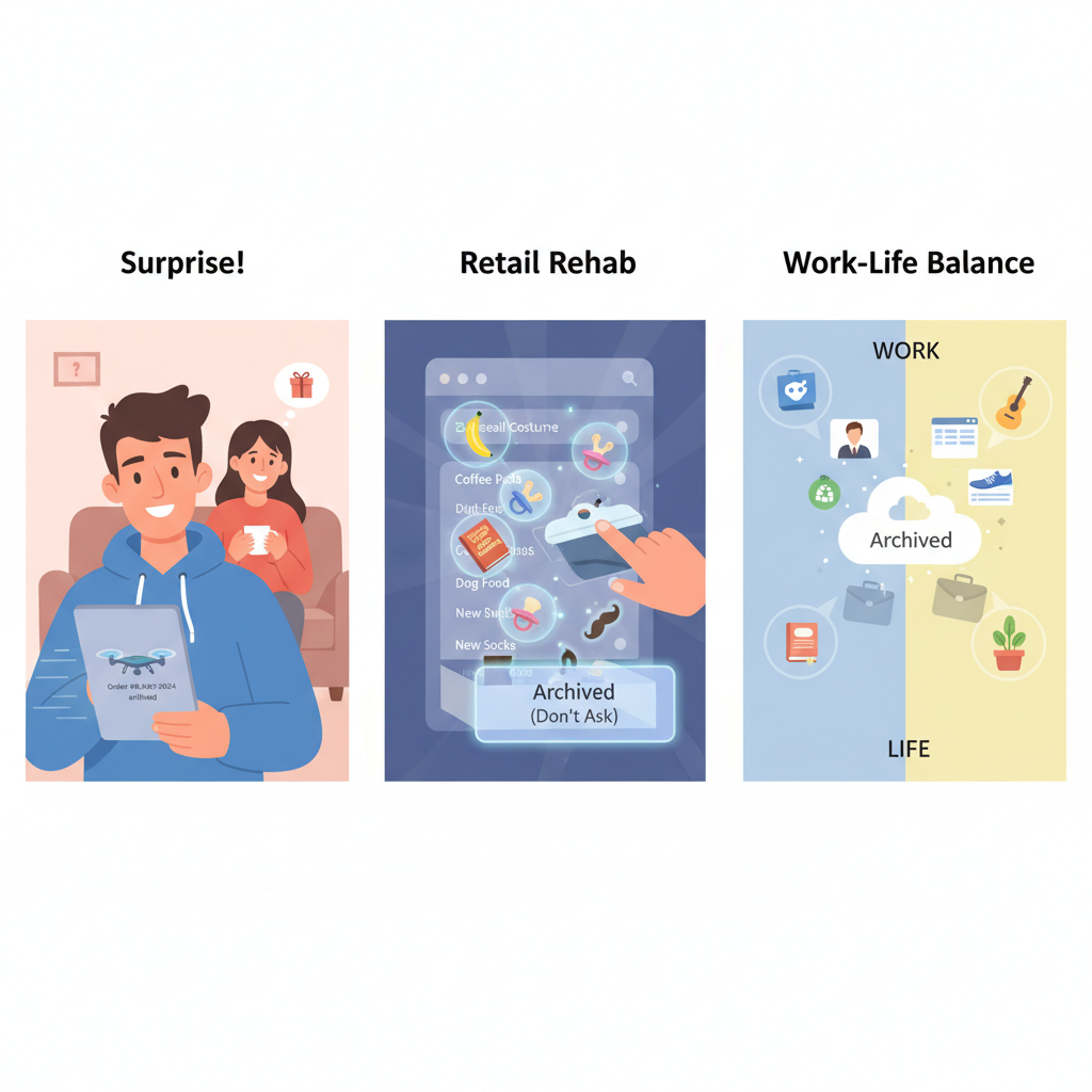 Three-panel illustration of archiving orders for gifts, decluttering history, and separating work from personal