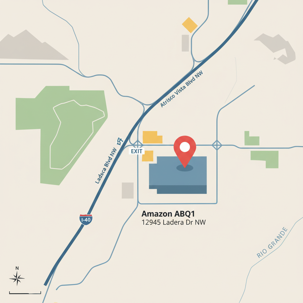 Map-style illustration of Albuquerque’s west side highlighting the location of Amazon ABQ1