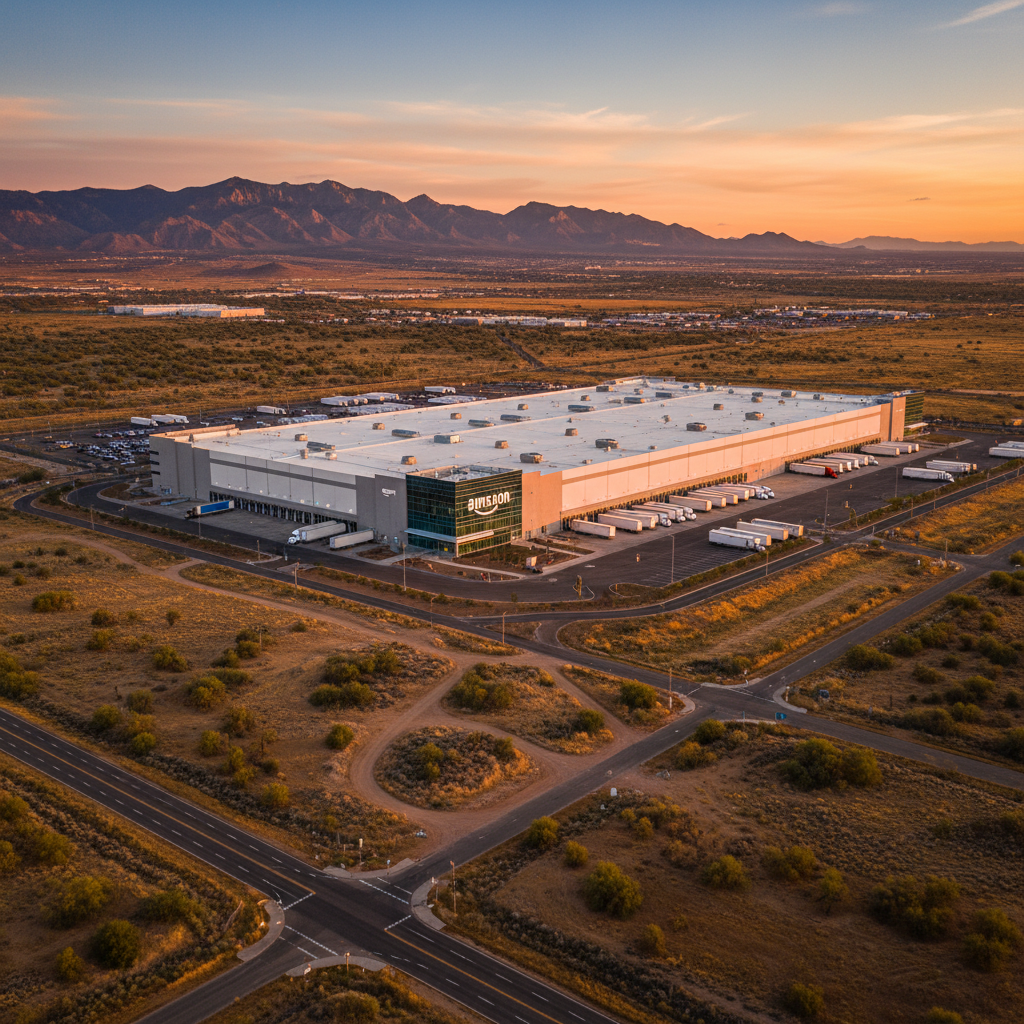 A wide aerial view of Amazon’s ABQ1 fulfillment center on Albuquerque’s West Mesa at sunset