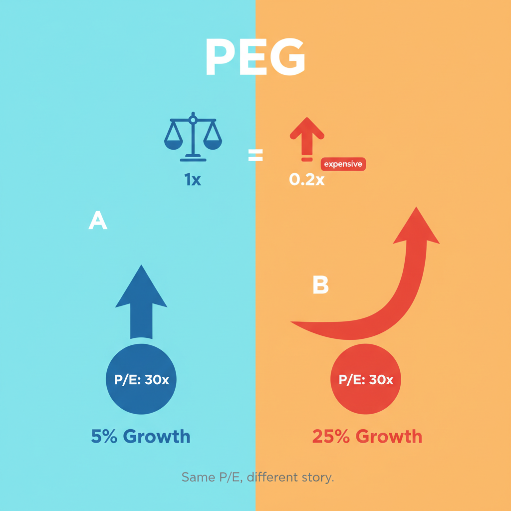 Visual comparison of two stocks with same P/E but different growth rates to explain PEG