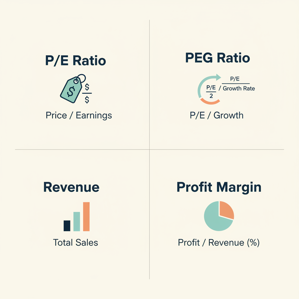 Infographic explaining P/E, PEG, revenue and profit margin