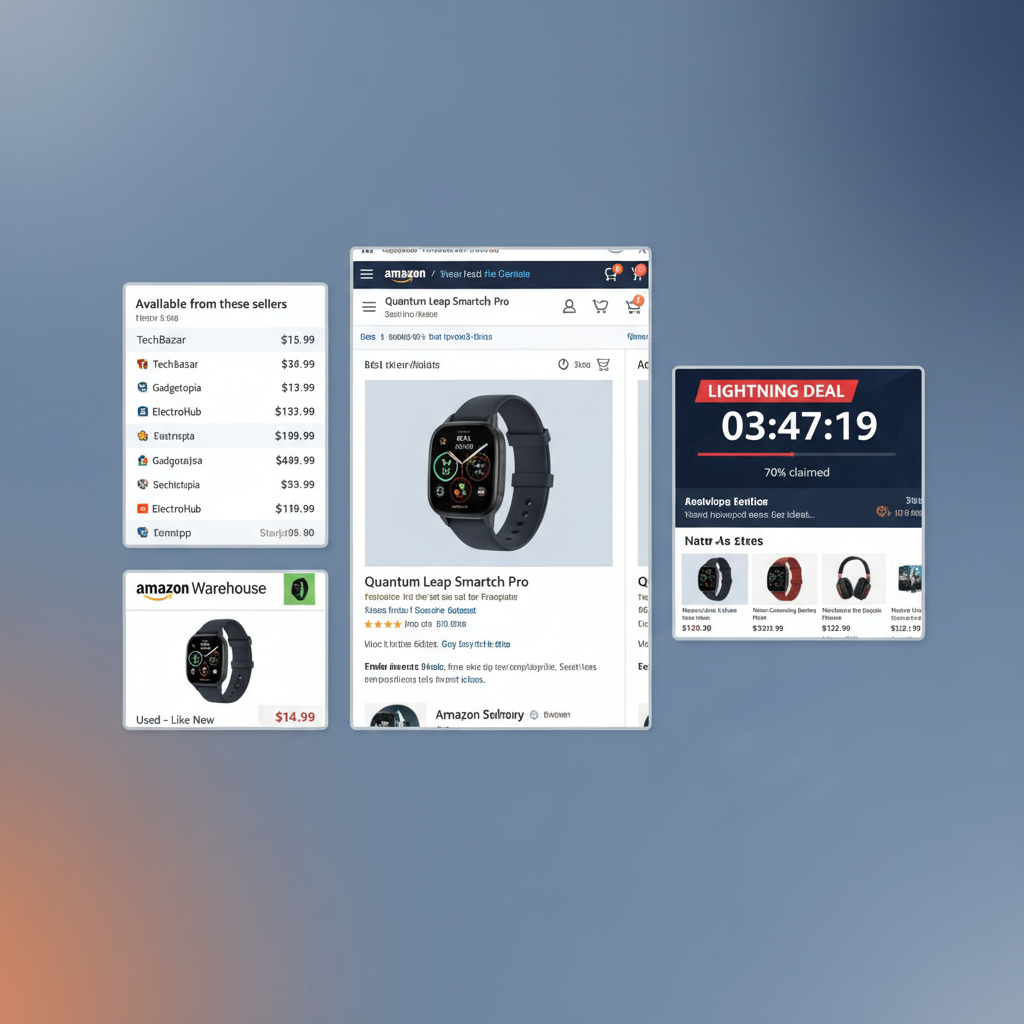 Collage of Amazon Marketplace offers, Warehouse Deals, and Lightning Deal countdown timers