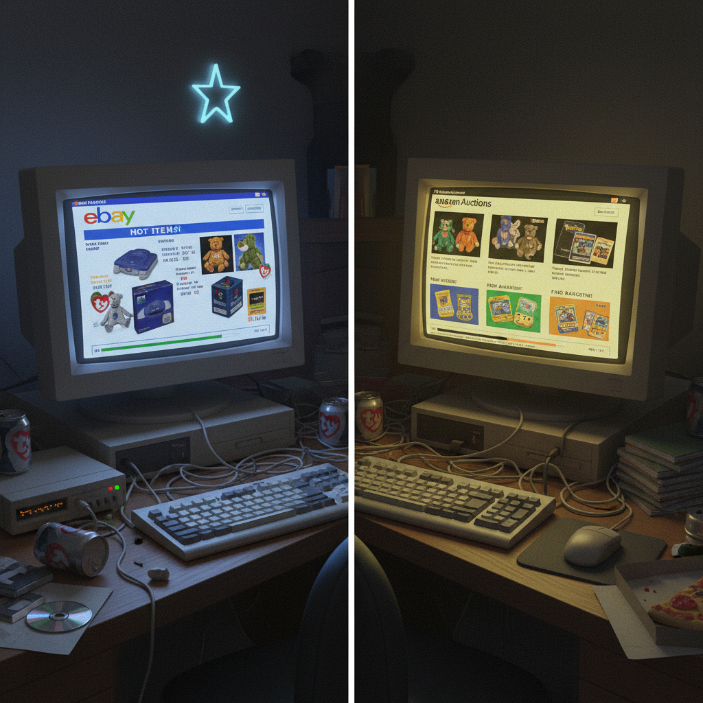 Late-1990s eBay and early Amazon Auctions interfaces side by side on CRT monitors