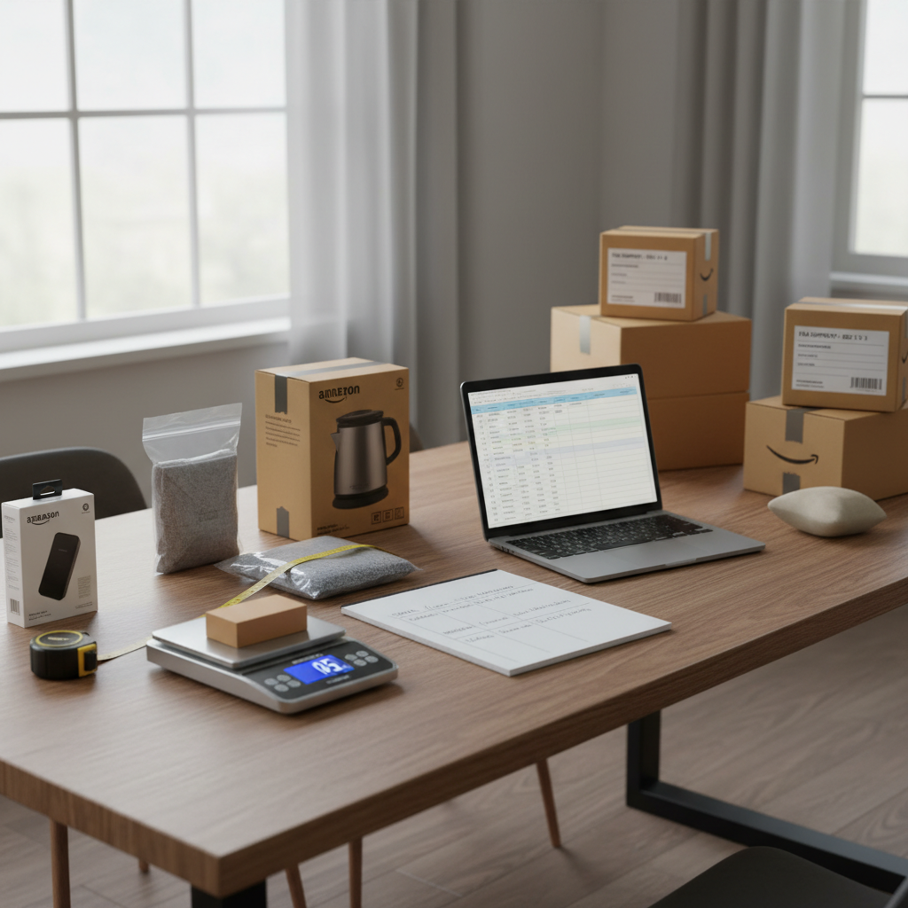 FBA seller planning workspace with products, measuring tools, scale, laptop, and labeled cartons