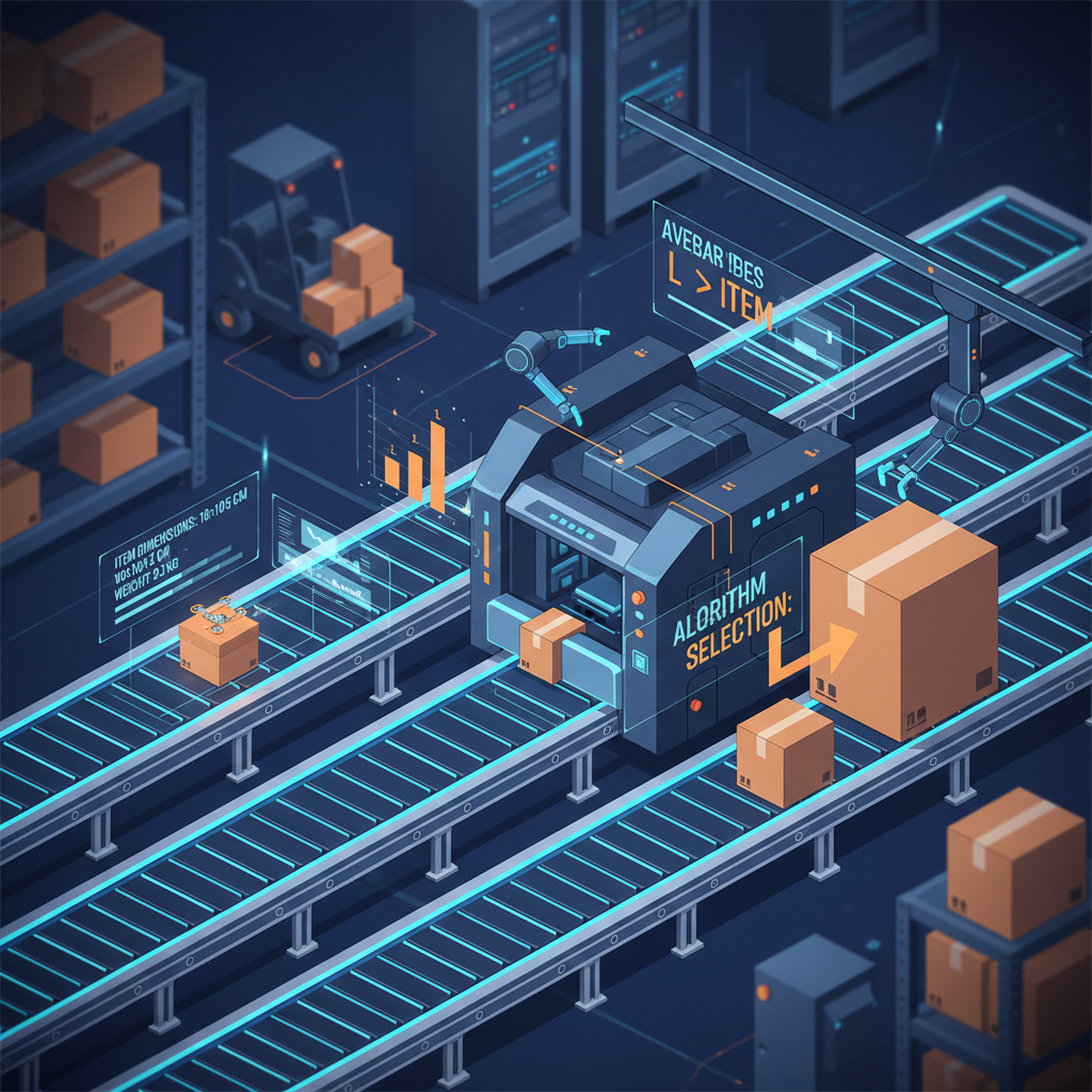 Visualization of Amazon’s algorithmic box selection on conveyor belts choosing different box sizes